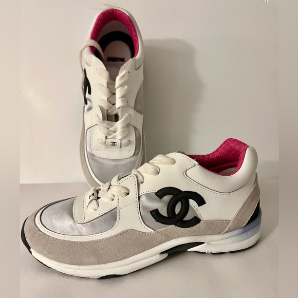 Women's White and Silver Sneakers with Black Accents - Picture 2 of 8